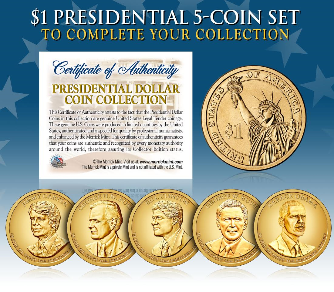 LIVING PRESIDENTS 2016 Presidential Dollar Color GOLDEN HUE 5-Coin Set ...
